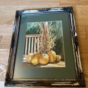 WATERCOLOR ARTIST SIGNED PUMPKIN PUMPKINS CORNSTALKS FRAMED AUTUMN FALL